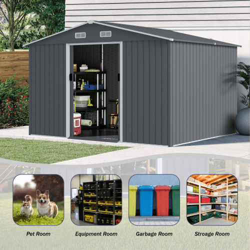 8 x 10 FT Outdoor Storage Shed Large Metal Tool Sheds, Heavy Duty Storage House with Sliding Doors with Air Vent for Backyard Patio Lawn to Store Bikes, Tools, Lawnmowers Grey