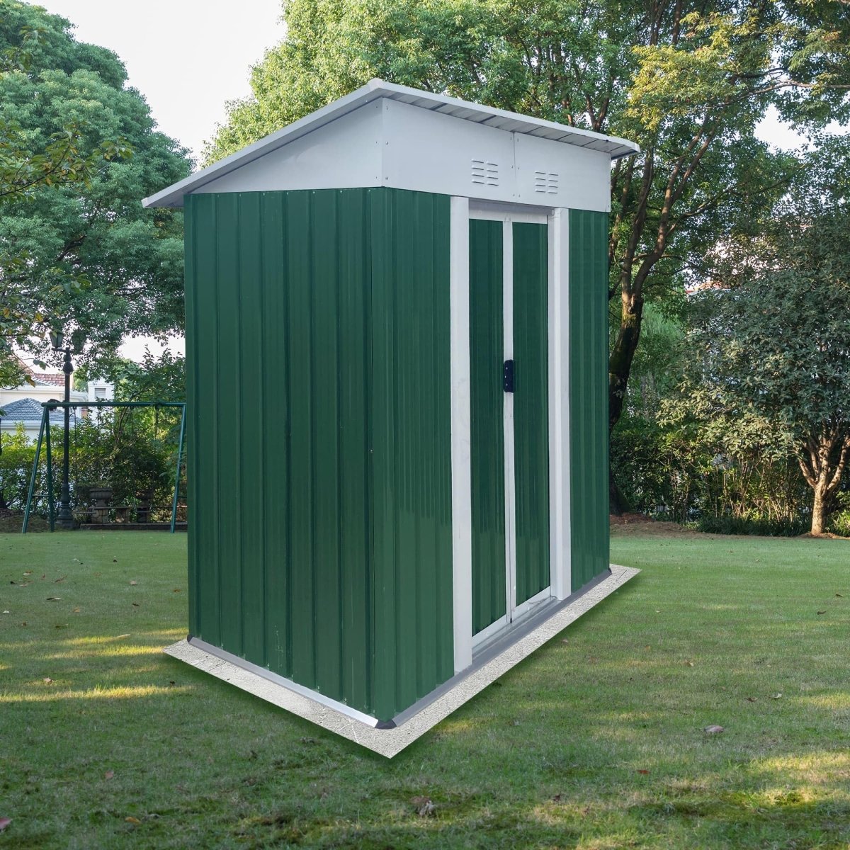 5x3FT Outdoor Storage Shed | Green & White Metal Tool Shed with Sliding Door