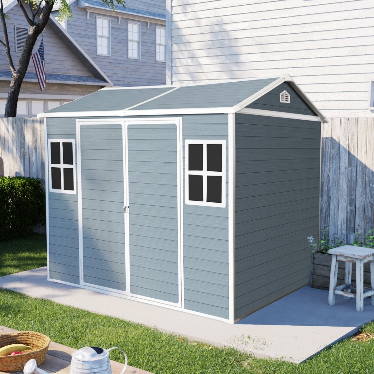 8 x 6 ft Resin Outdoor Storage Shed Waterproof Shed with Floor & Two Windows & Lockable Door, Tool Shed for Garden, Patio, Backyard,Gray