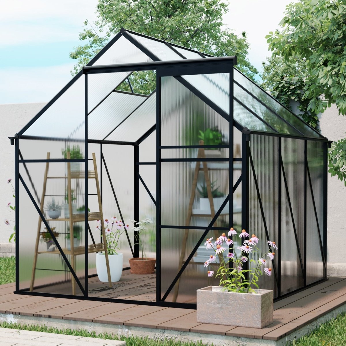6X6FT-BLACK Polycarbonate Greenhouse Raised Base and Anchor Aluminum Heavy Duty Walk-in Greenhouses for Outdoor Backyard in All Season