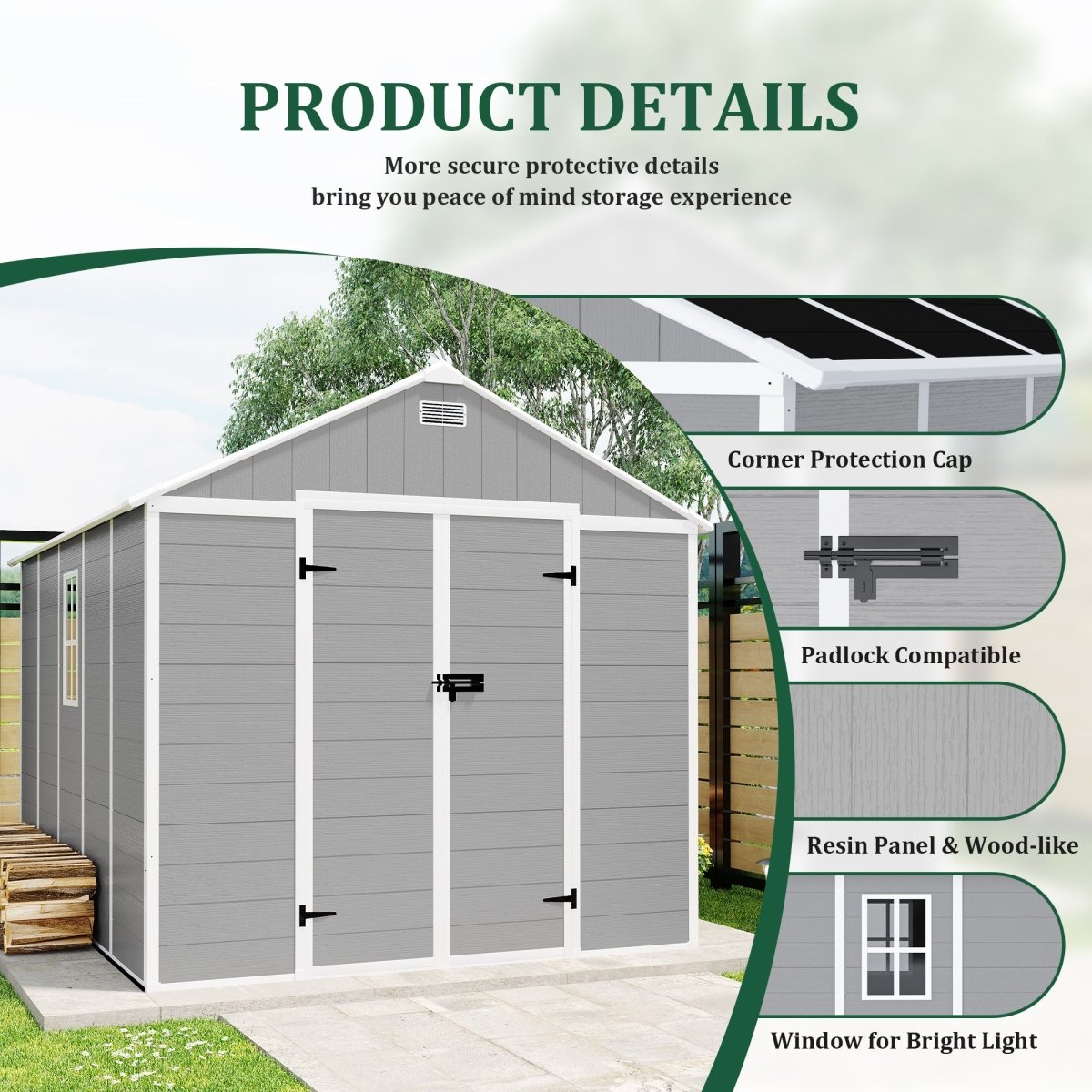 8x8 ft Resin Storage Shed, High Quality Pp Material, Strong Structure, Waterproof, Rust And Uv Proof, Large Storage Space, 12mm Thick Pp Board, Hd Window Lighting