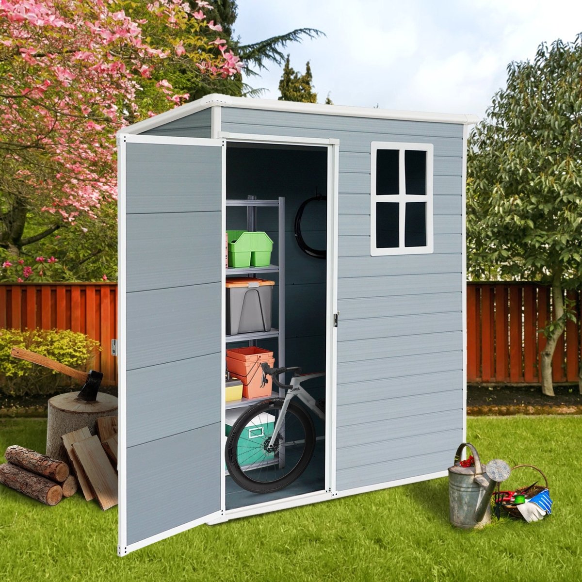 5ft x 3ft Resin Outdoor Storage Shed – Plastic Garden Shed with Floor & Lockable Door, Grey