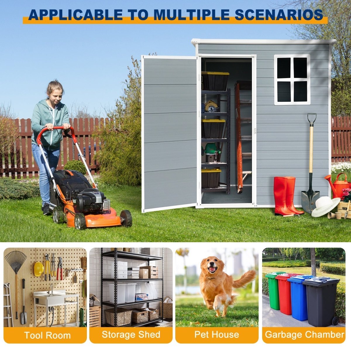 5ft x 3ft Resin Outdoor Storage Shed – Plastic Garden Shed with Floor & Lockable Door, Grey