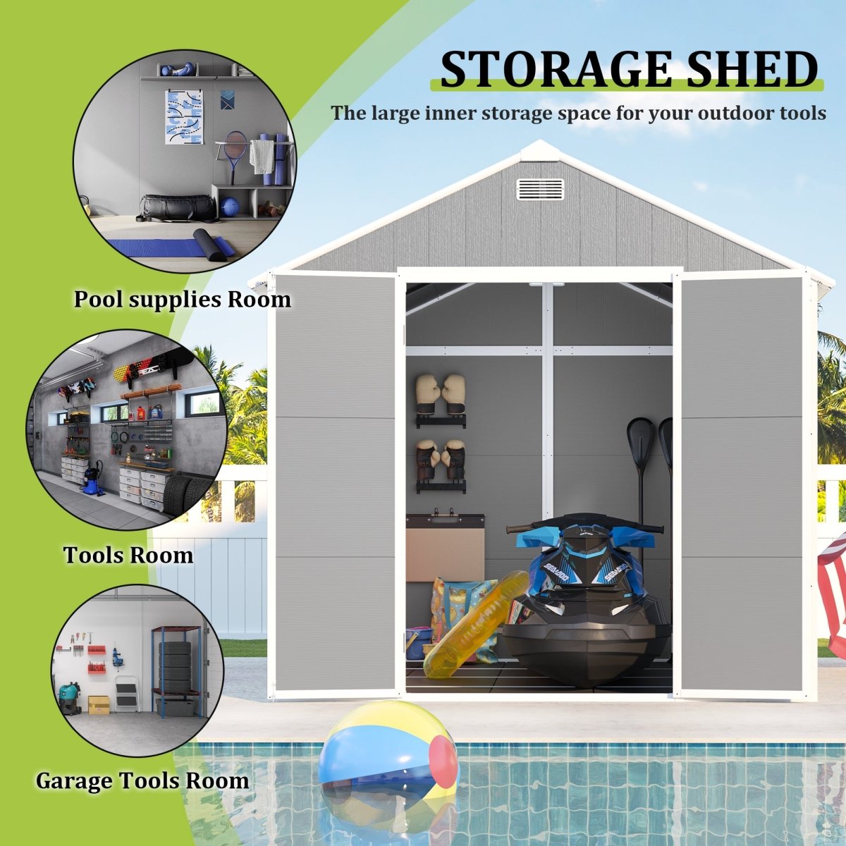 8x8 ft Resin Storage Shed, High Quality Pp Material, Strong Structure, Waterproof, Rust And Uv Proof, Large Storage Space, 12mm Thick Pp Board, Hd Window Lighting