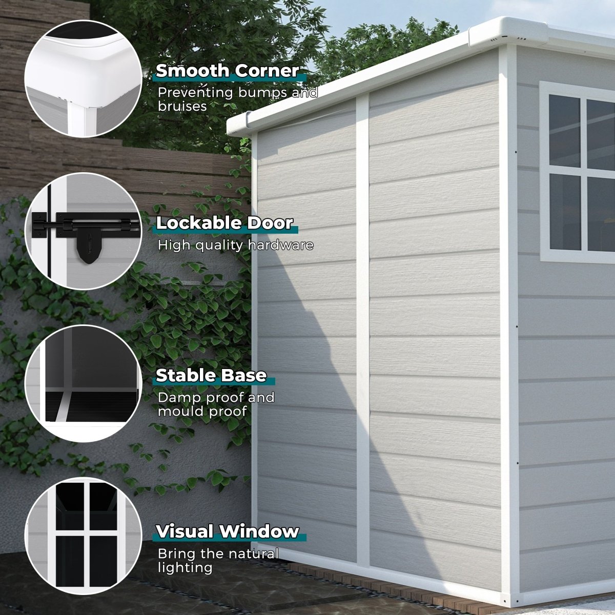 6x6 FT Storage Shed, Waterproof Resin Outdoor Storage Shed with Floor & Window & Lockable Doors and Vents, Tool Shed for Bike, Garden, Backyard,Lawn, All Weather Use, Light Grey