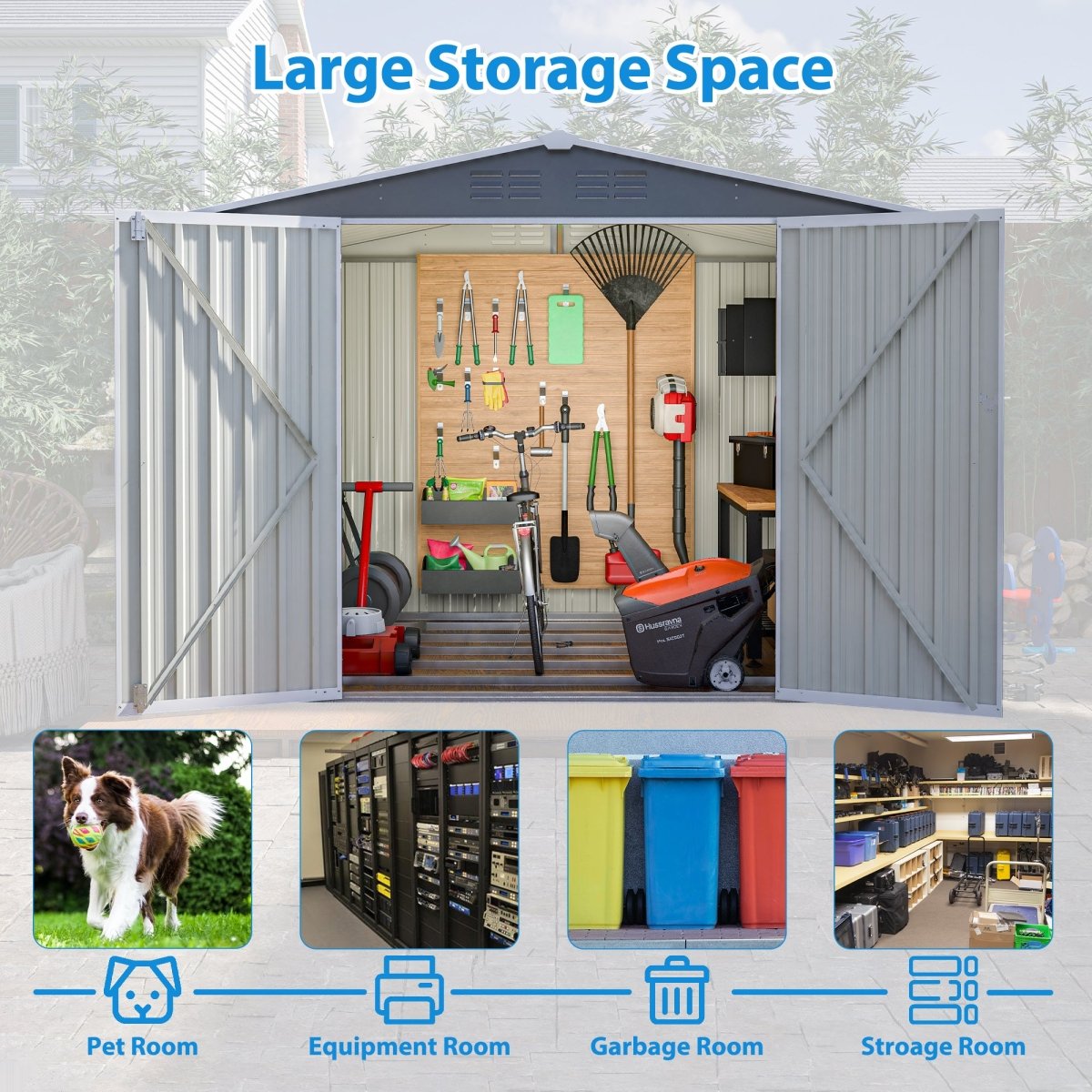 8 x 6 FT Outdoor Waterproof Garden Tool Storage Sheds with Metal Foundation with Floor Frame, Tool Shed with Lockable Hinged Doors & Air Vents, Storage House Waterproof for Backyard, Lawn, Gray