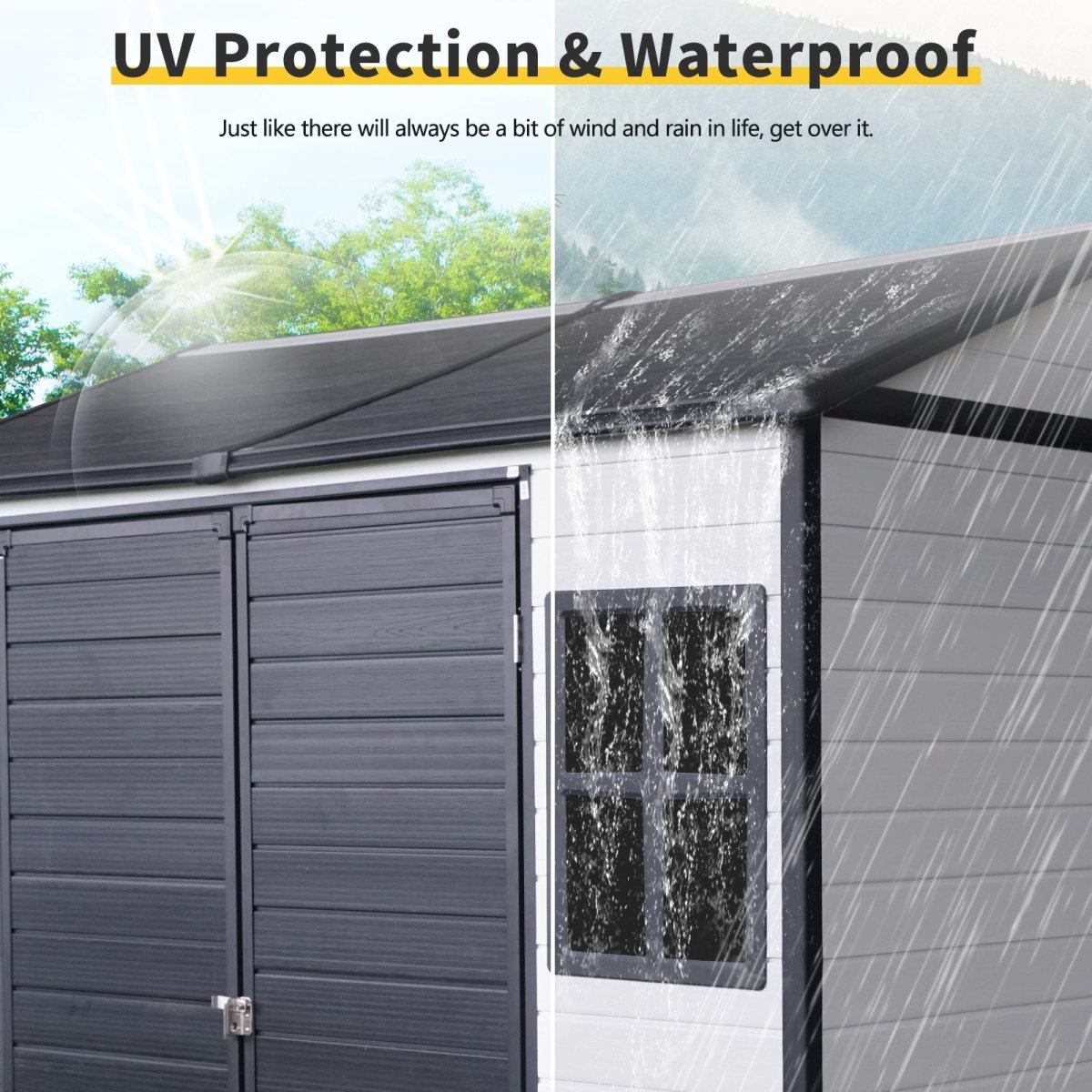 8 x 6 ft Resin Outdoor Storage Shed Waterproof Shed with Floor & Two Windows & Lockable Door, Tool Shed for Garden, Patio, Backyard,Grey White