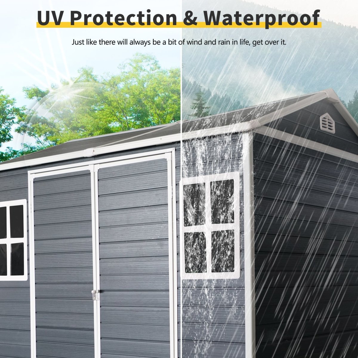 8 x 6ft Resin Outdoor Storage Shed Waterproof Shed with Floor & Two Windows & Lockable Door, Tool Shed for Garden, Patio, Backyard ,Black