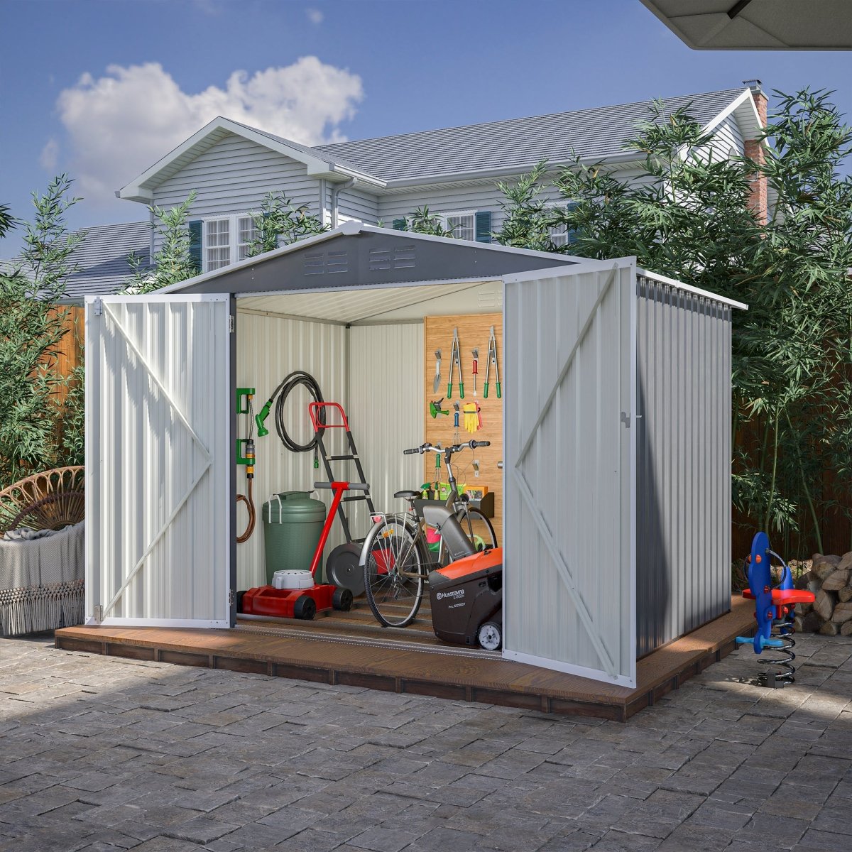 8 x 6 FT Outdoor Waterproof Garden Tool Storage Sheds with Metal Foundation with Floor Frame, Tool Shed with Lockable Hinged Doors & Air Vents, Storage House Waterproof for Backyard, Lawn, Gray