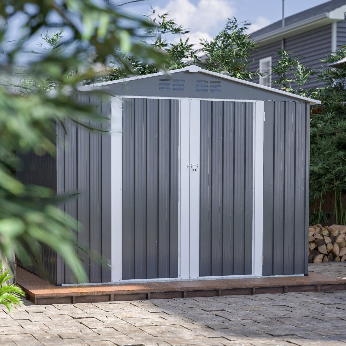 8 x 6 FT Outdoor Waterproof Garden Tool Storage Sheds with Metal Foundation with Floor Frame, Tool Shed with Lockable Hinged Doors & Air Vents, Storage House Waterproof for Backyard, Lawn, Gray