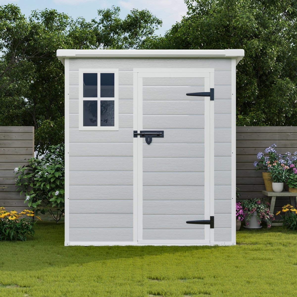 6x6 FT Storage Shed, Waterproof Resin Outdoor Storage Shed with Floor & Window & Lockable Doors and Vents, Tool Shed for Bike, Garden, Backyard,Lawn, All Weather Use, Light Grey