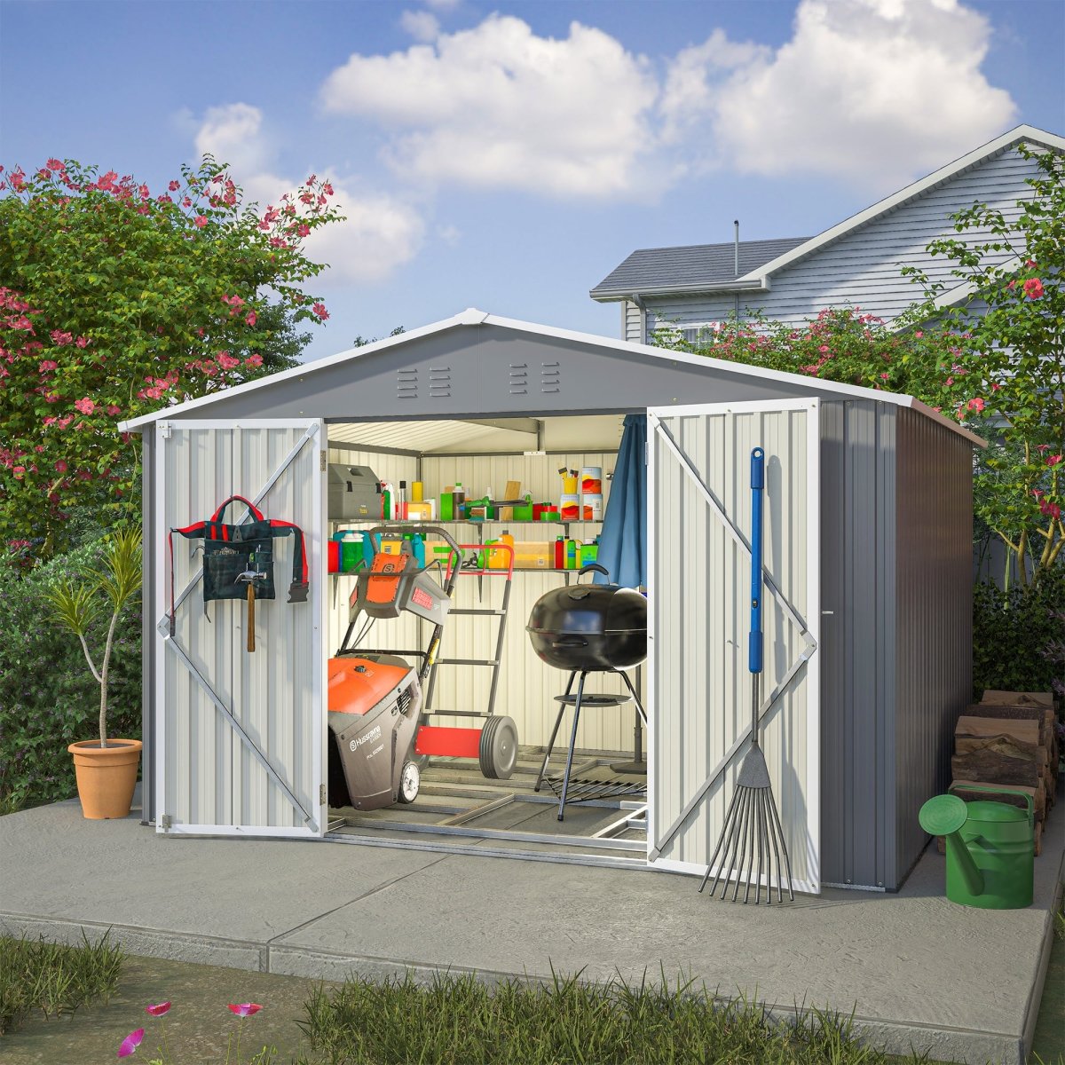 10X8 FT Outdoor Tool Storage Shed with Metal Foundation & Lockable Doors, All Weather Metal Sheds for Garden, Patio, Backyard, Lawn, Gray
