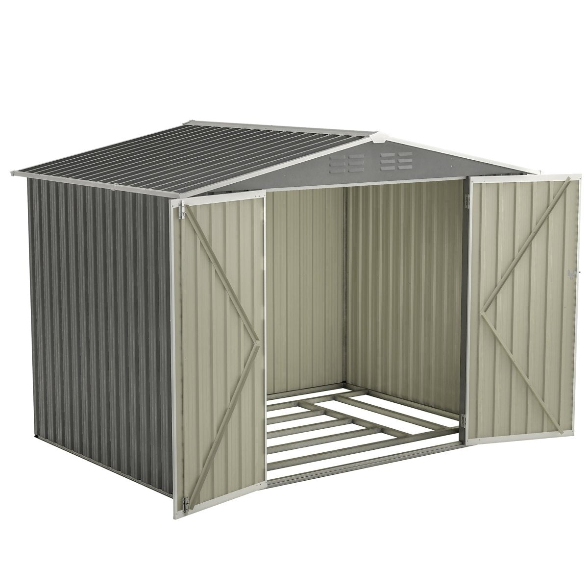 8 x 6 FT Outdoor Waterproof Garden Tool Storage Sheds with Metal Foundation with Floor Frame, Tool Shed with Lockable Hinged Doors & Air Vents, Storage House Waterproof for Backyard, Lawn, Gray