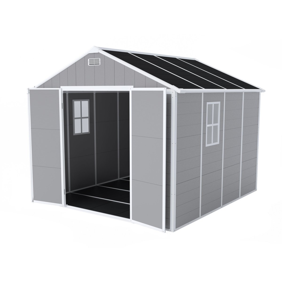 8x8 ft Resin Storage Shed, High Quality Pp Material, Strong Structure, Waterproof, Rust And Uv Proof, Large Storage Space, 12mm Thick Pp Board, Hd Window Lighting