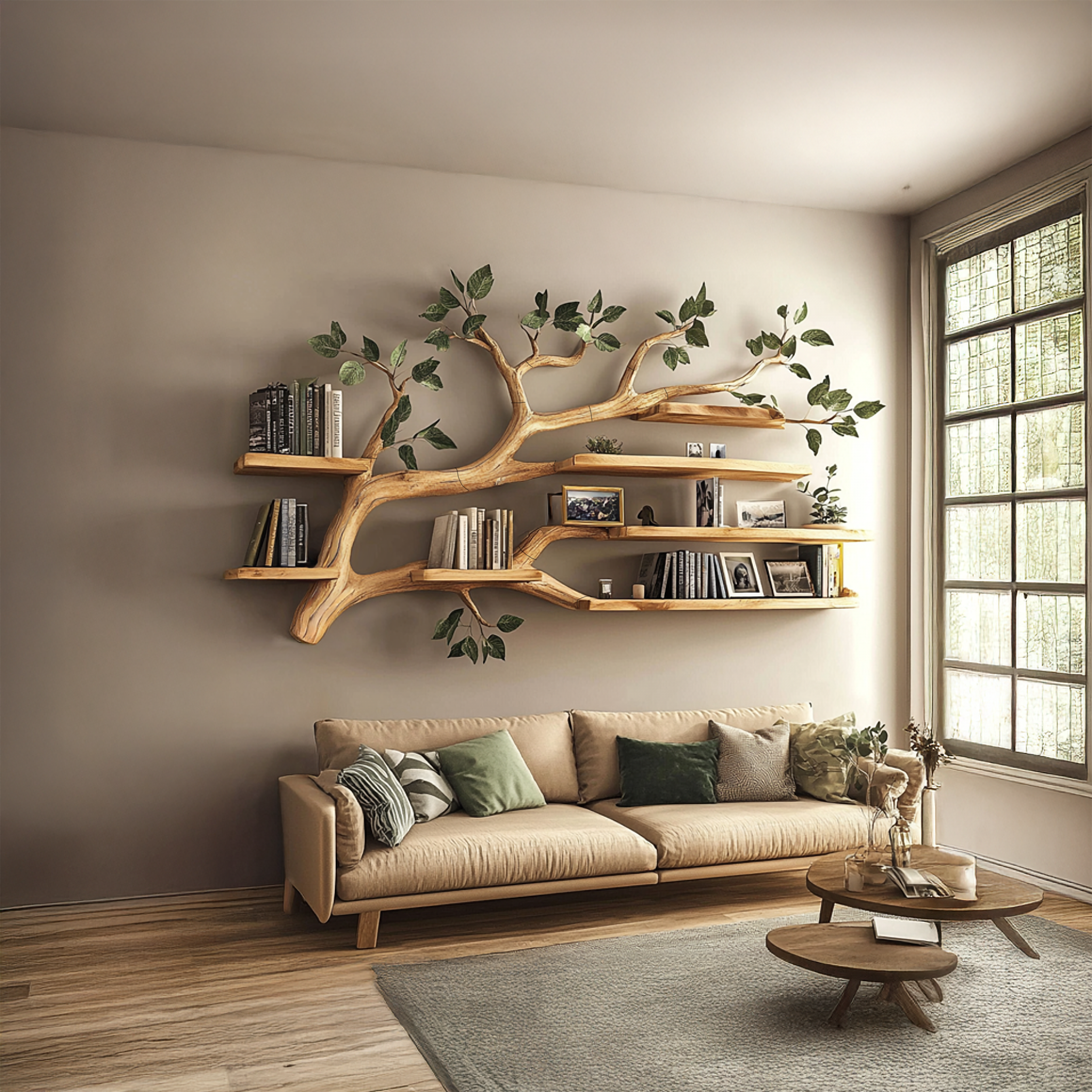 Rustic Tree Wall Shelf Living Room Office Reading Corner