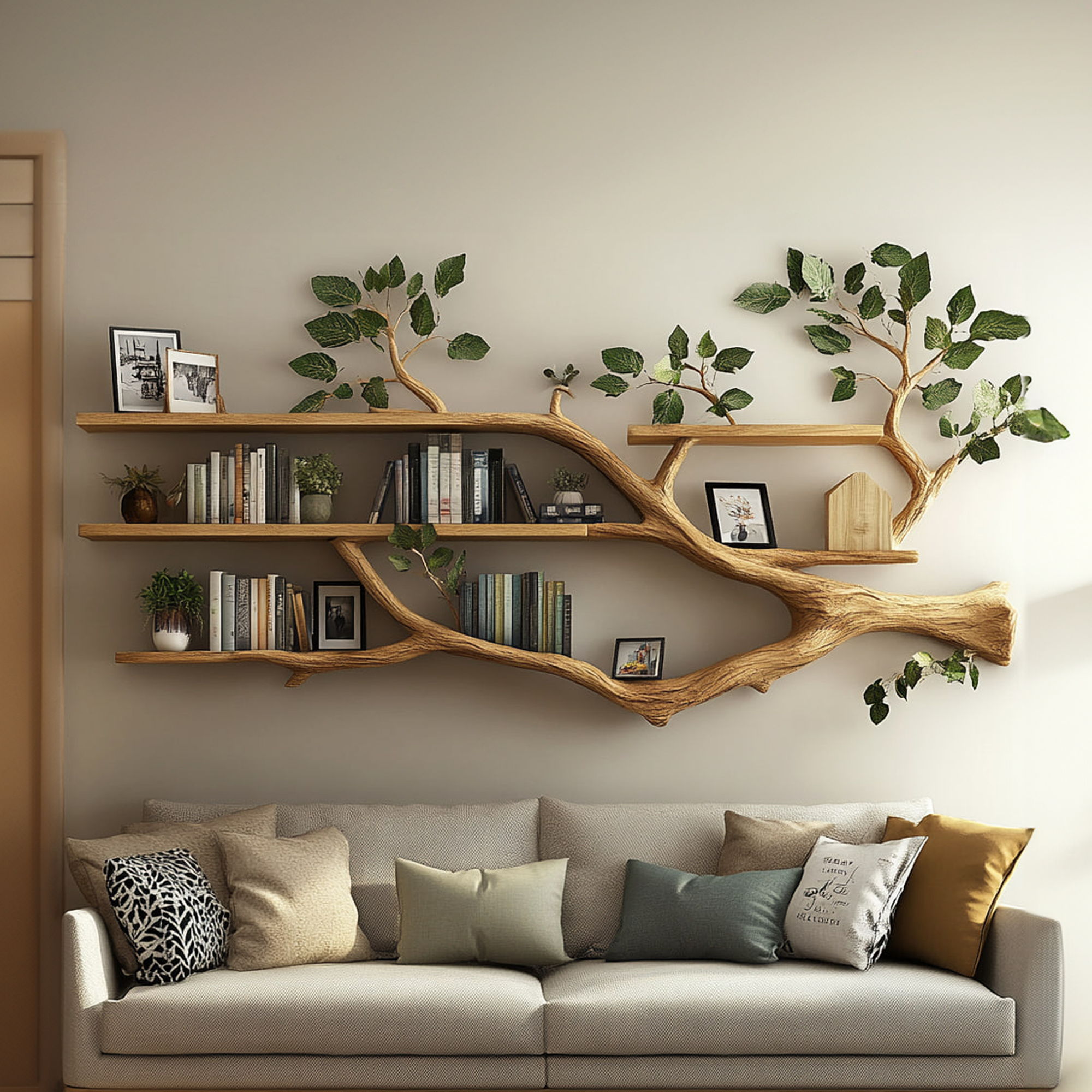 Rustic Tree Branch Shelf Modern Living Room Style