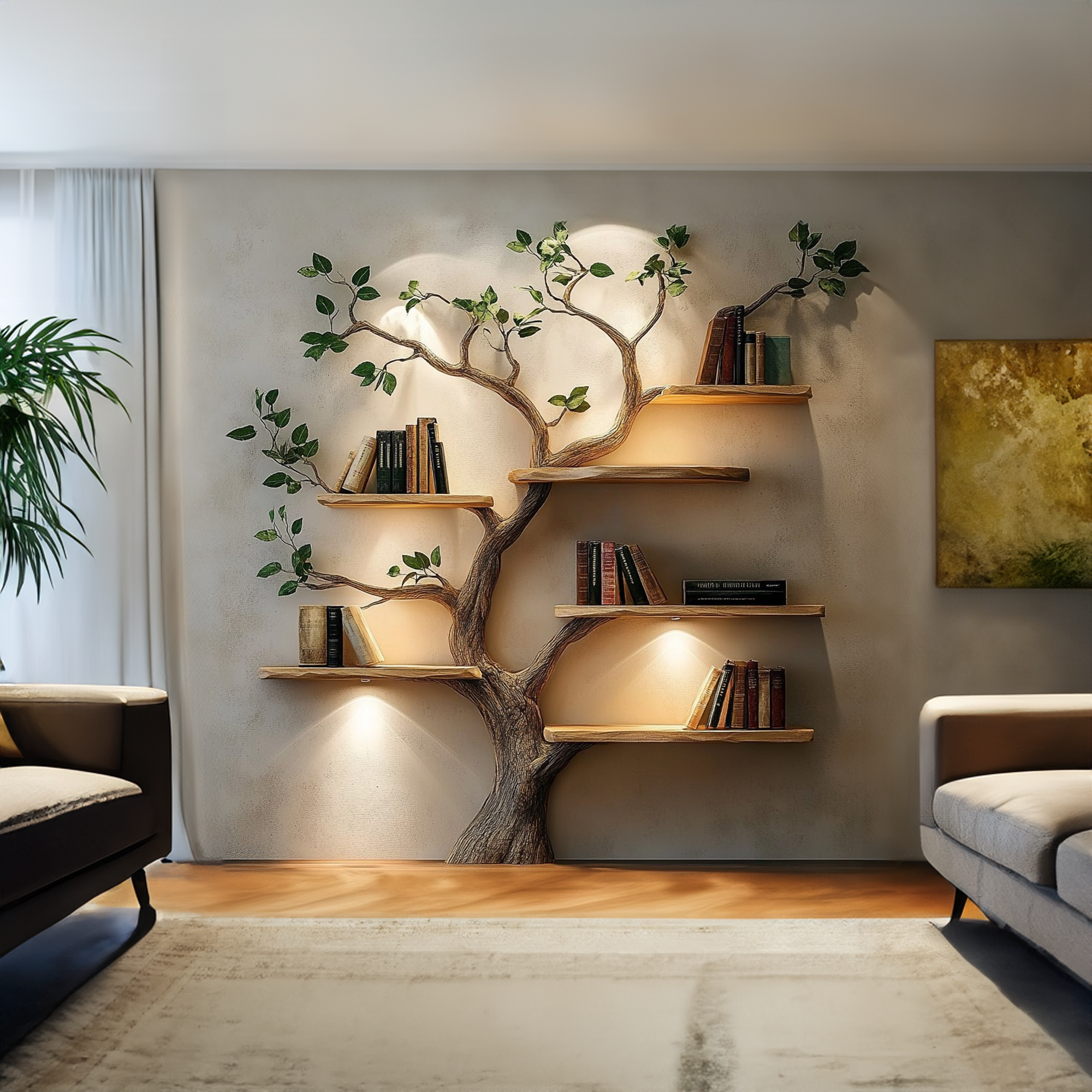Rustic Solid Wood Tree Bookshelf For Living Room Wall Decor
