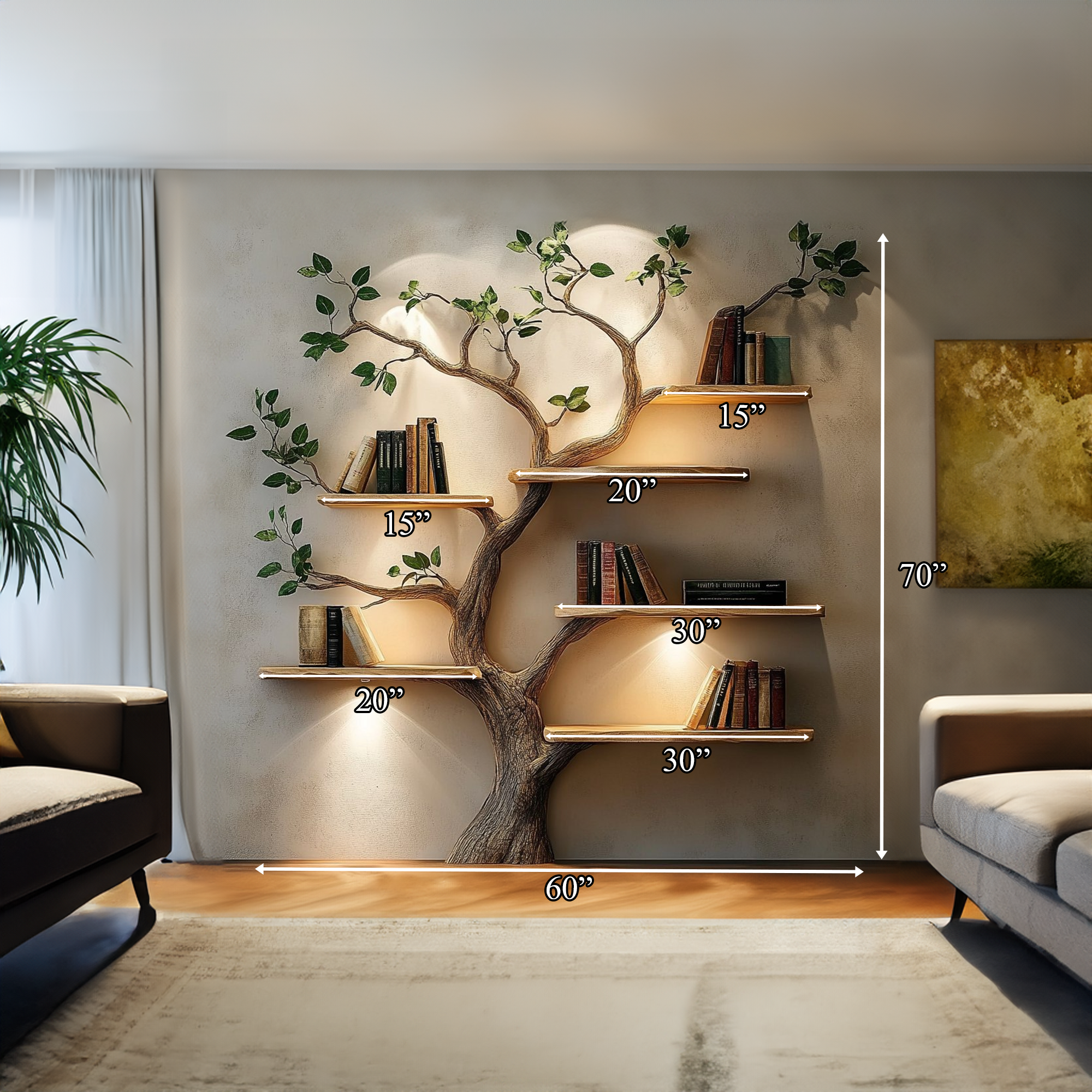 Rustic Solid Wood Tree Bookshelf For Living Room Wall Decor