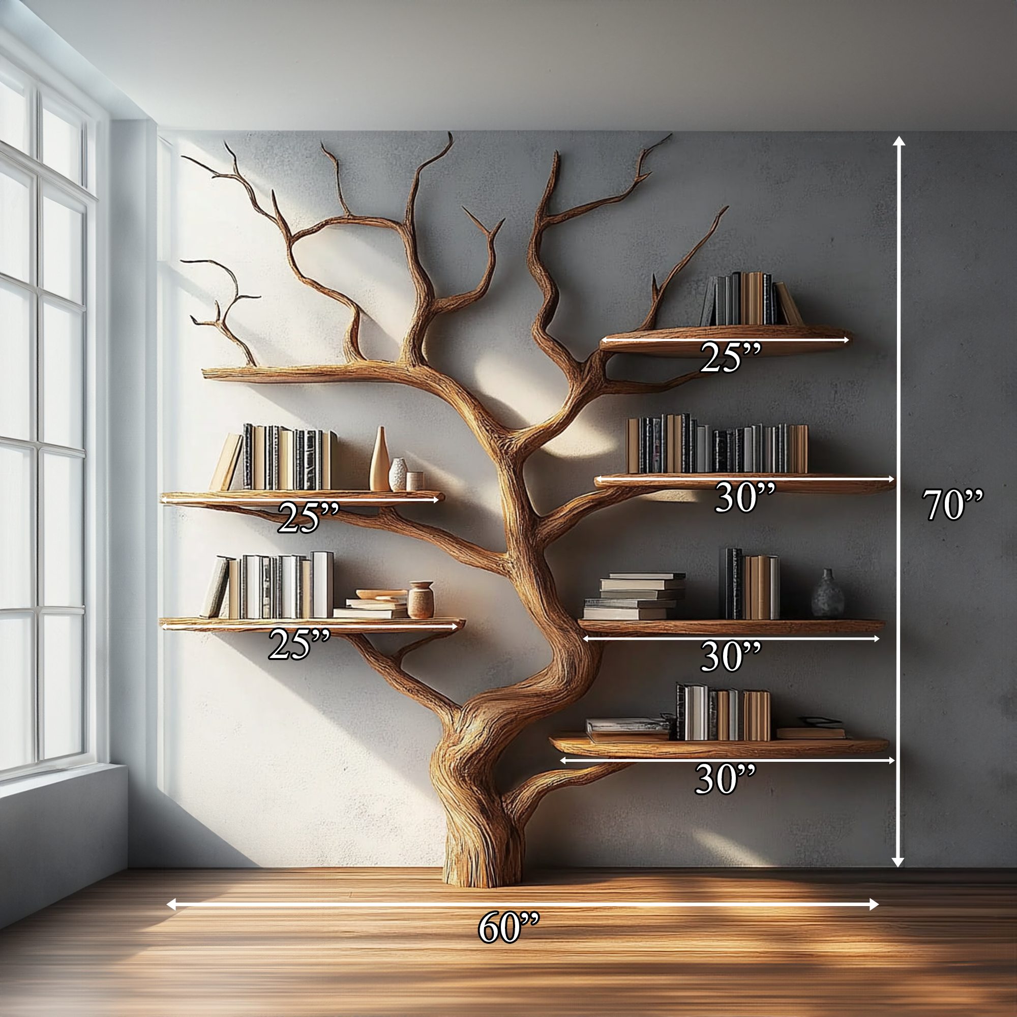 Rustic Tree Wall Shelf Solid Wood Minimal Artistic Design Living Room