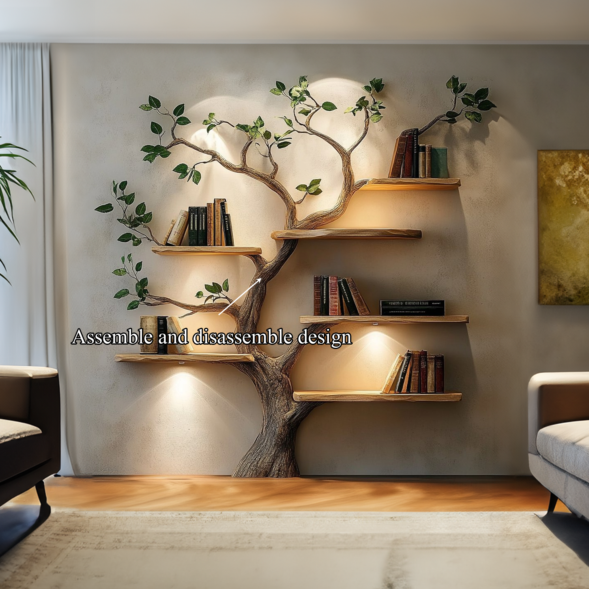 Rustic Solid Wood Tree Bookshelf For Living Room Wall Decor