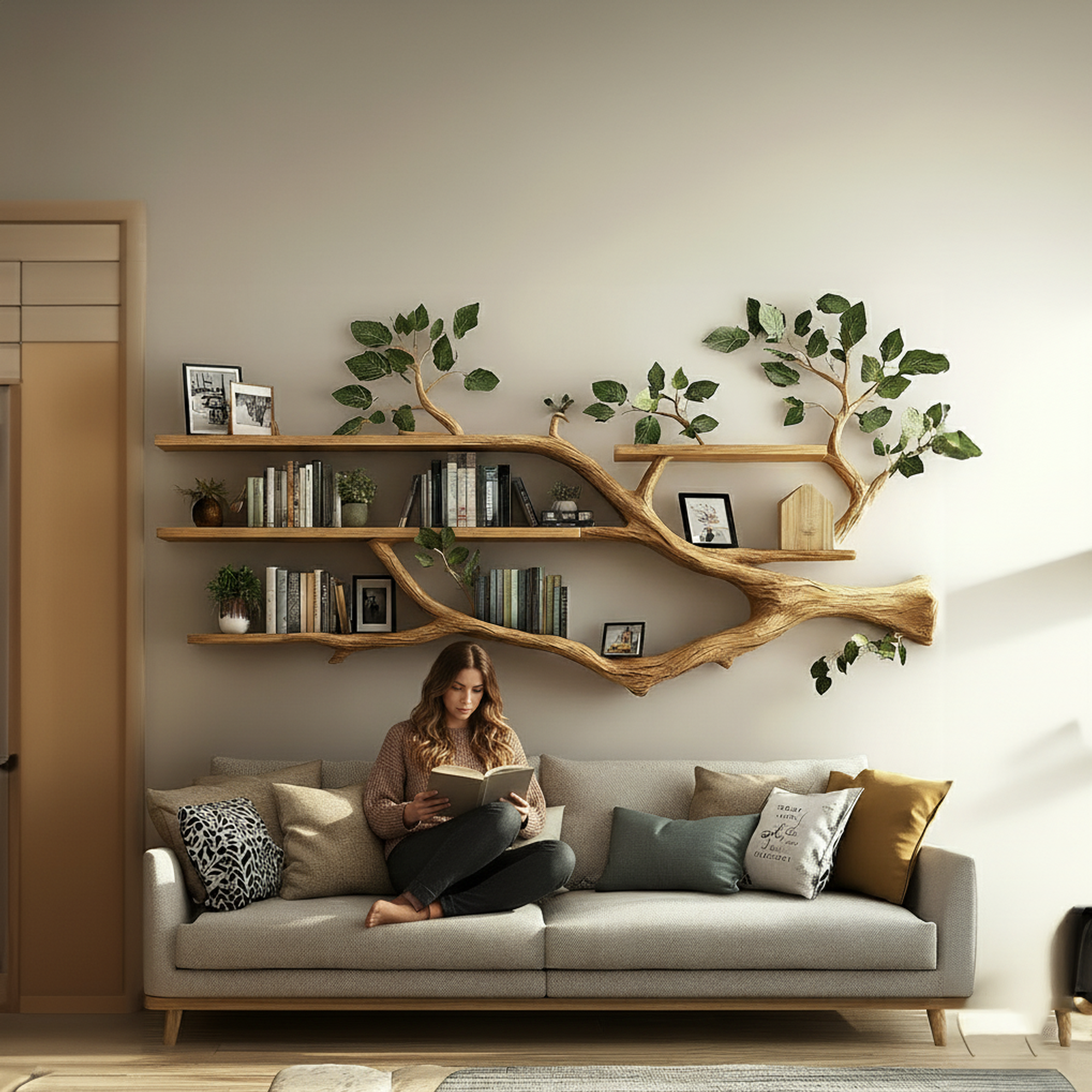 Rustic Tree Branch Shelf Modern Living Room Style