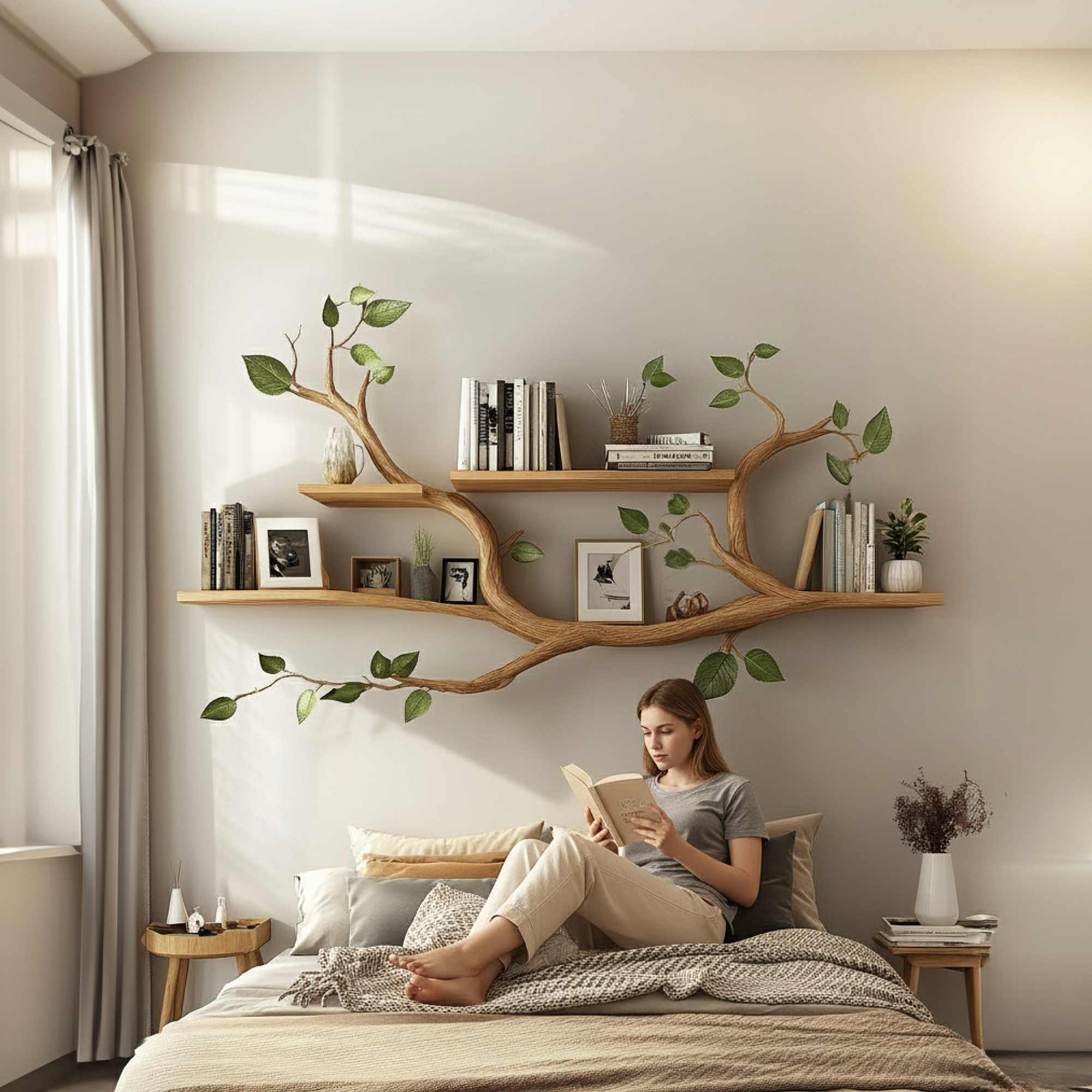 Minimalist Tree Branch Shelf Solid Wood Floating Wall Decor