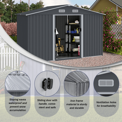 8 x 10 FT Outdoor Storage Shed Large Metal Tool Sheds, Heavy Duty Storage House with Sliding Doors with Air Vent for Backyard Patio Lawn to Store Bikes, Tools, Lawnmowers Grey