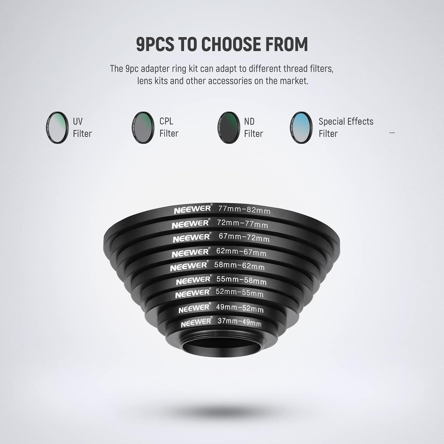NEEWER 9 Pieces Step-up Lens Filter Adapter Rings Set