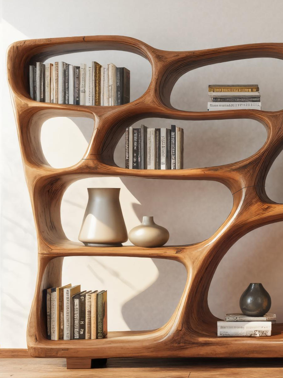 Modern Bookshelf With Sculptural Open Design For Living Room