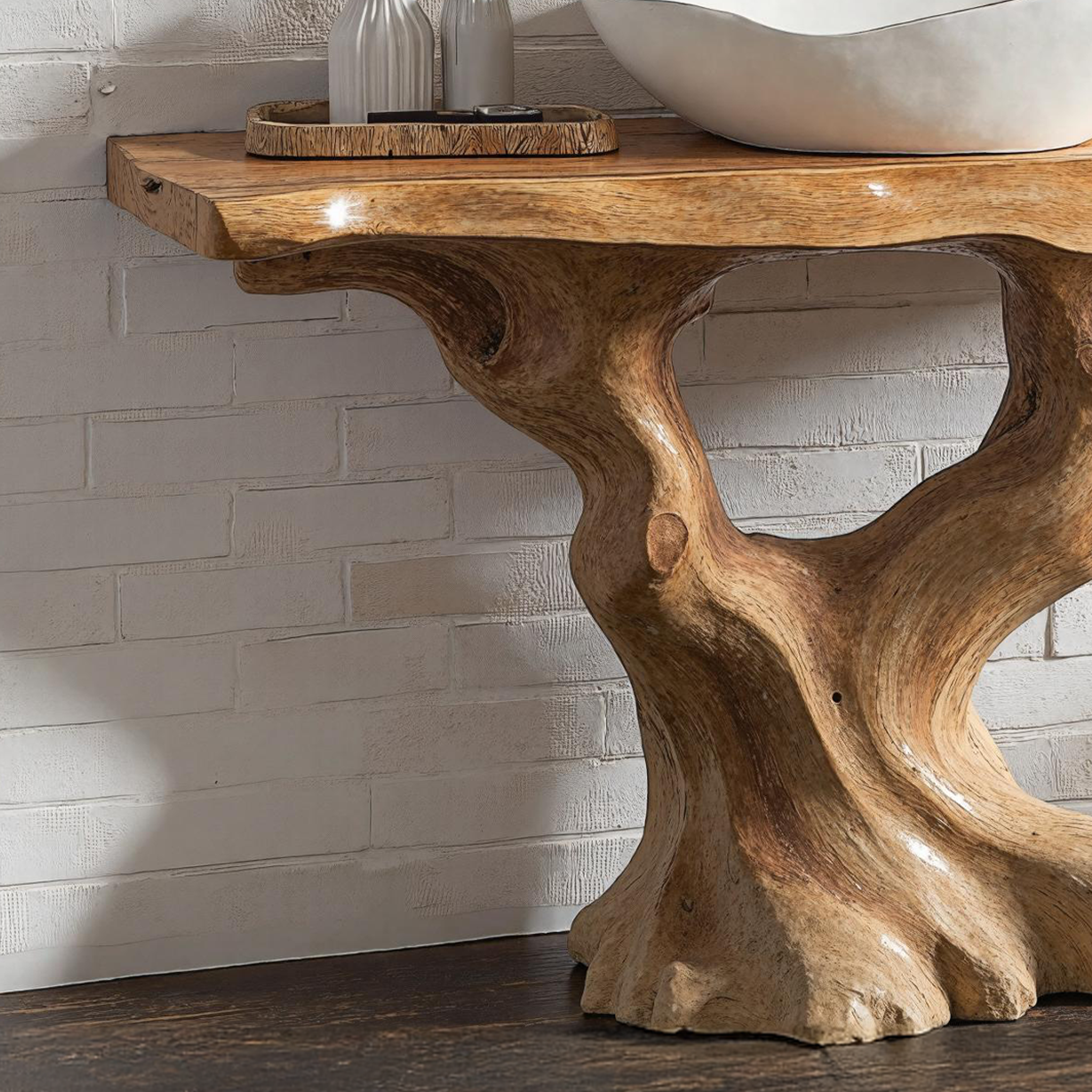 Handcrafted Wood Bathroom Vanity With Tree Trunk Base For Rustic Charm