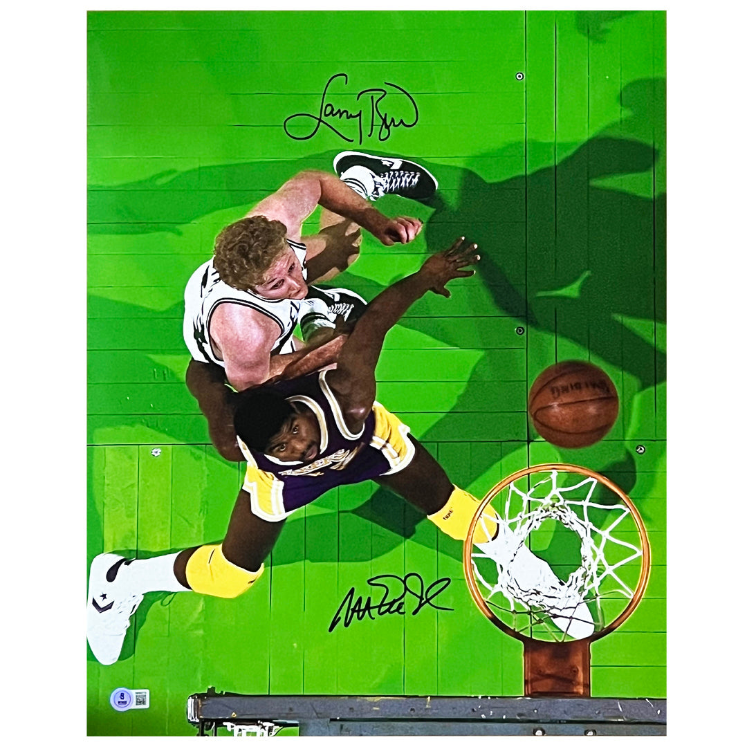 Larry Bird and Magic Johnson Signed Pose 2 Basketball 16x20 Photo (Beckett)