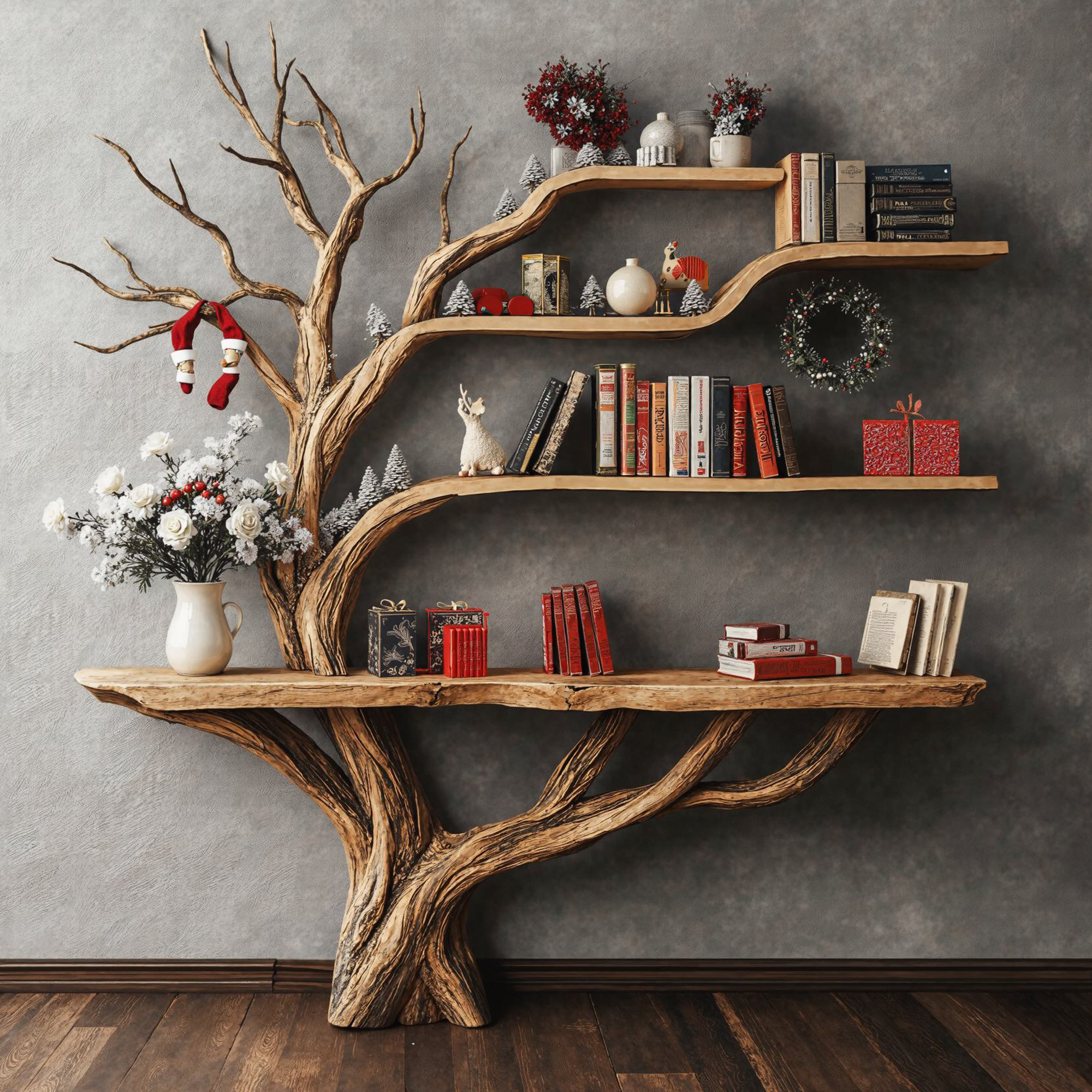 Narrow Floating Live Edge Side Table With Tree Bookshelf
