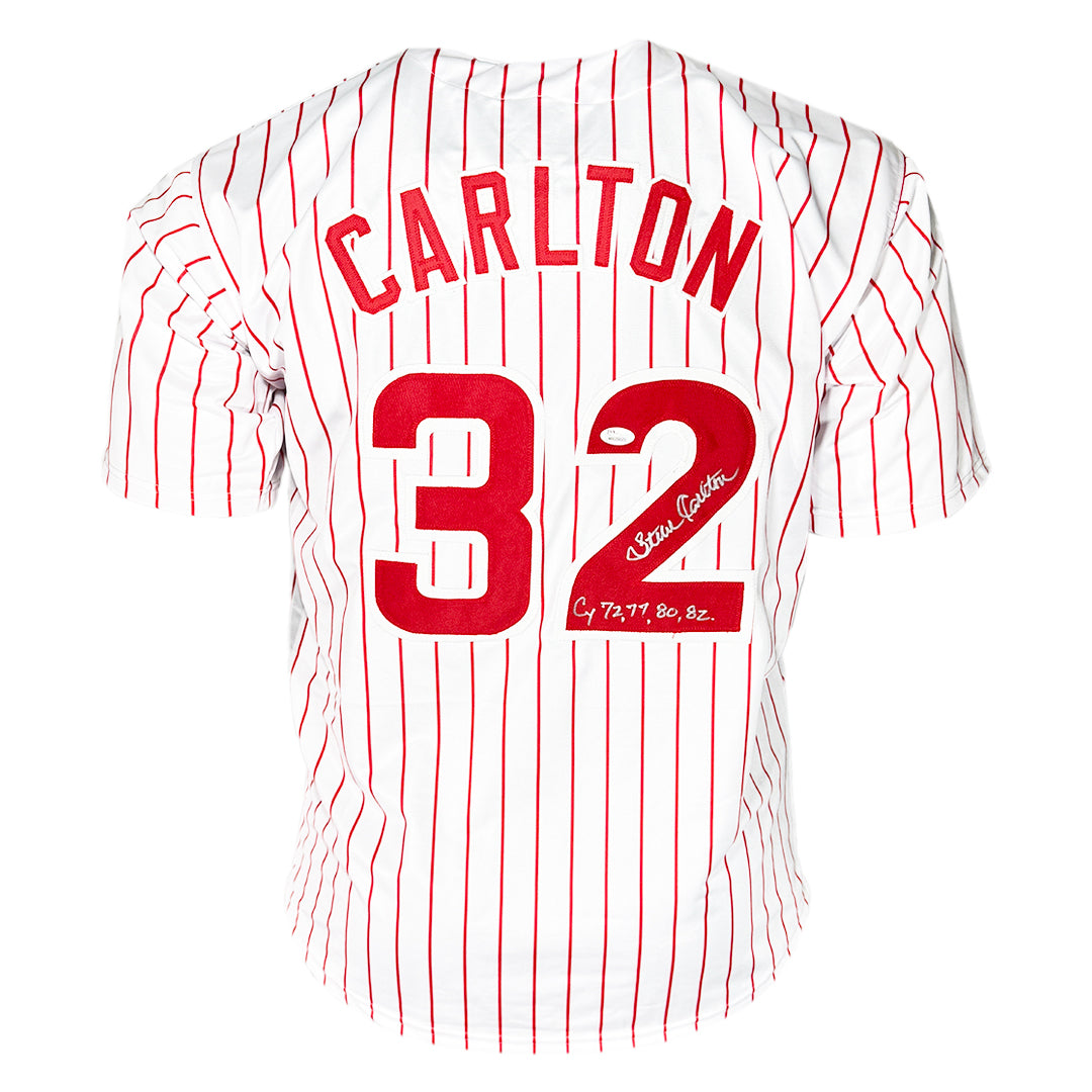 Steve Carlton Signed CY 72, 77, 80, 82 Inscription Philadelphia Pinstripe Baseball Jersey (JSA)