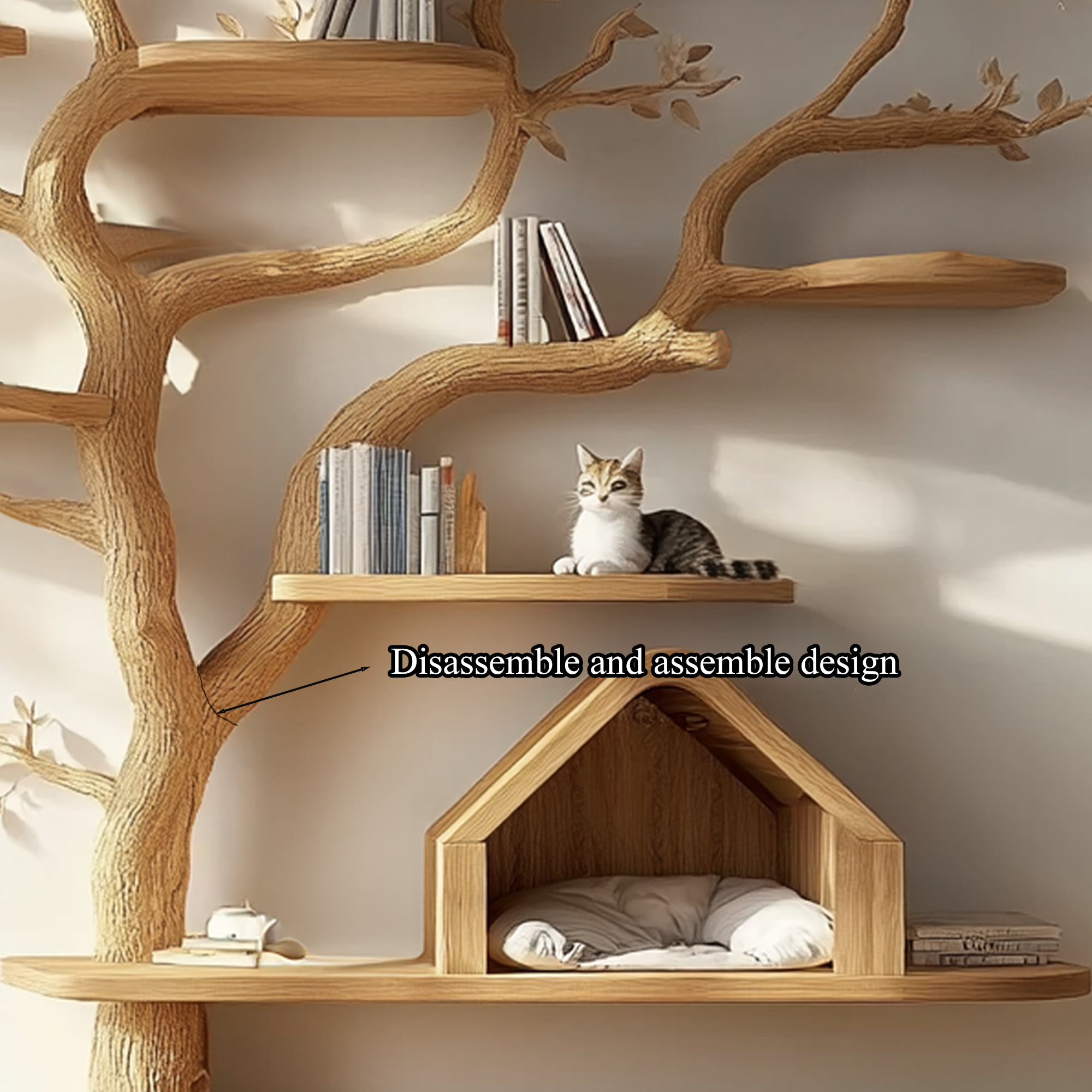 Pet House Cat Tree Natural Wood Cat Furniture Gift Cat Love