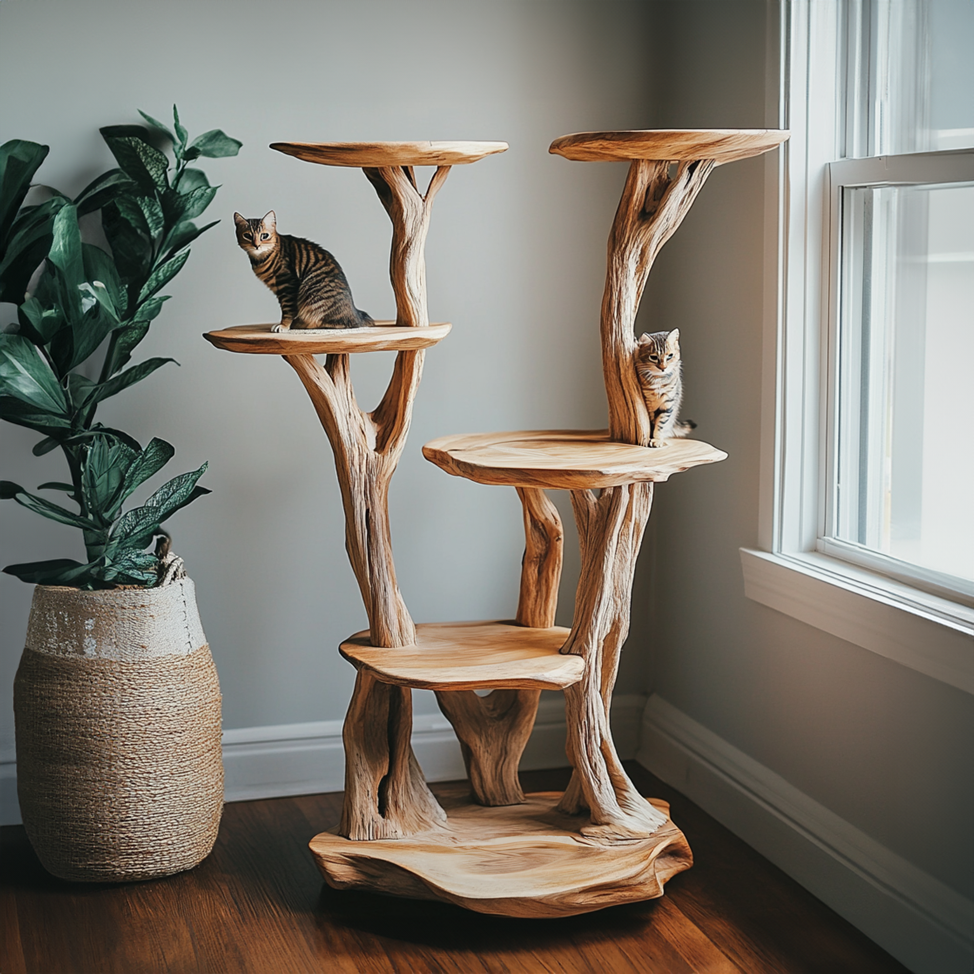 Wooden Cat Tree Tower Modern Cat Tree Free Standing Natural Solid Wood