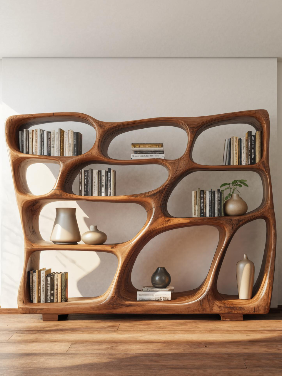 Modern Bookshelf With Sculptural Open Design For Living Room