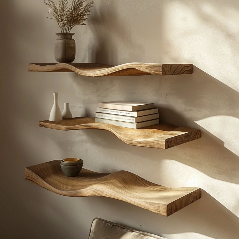 Wavy Live Edge Rustic Floating Shelves Decor Bedroom New Year Custom Shelves