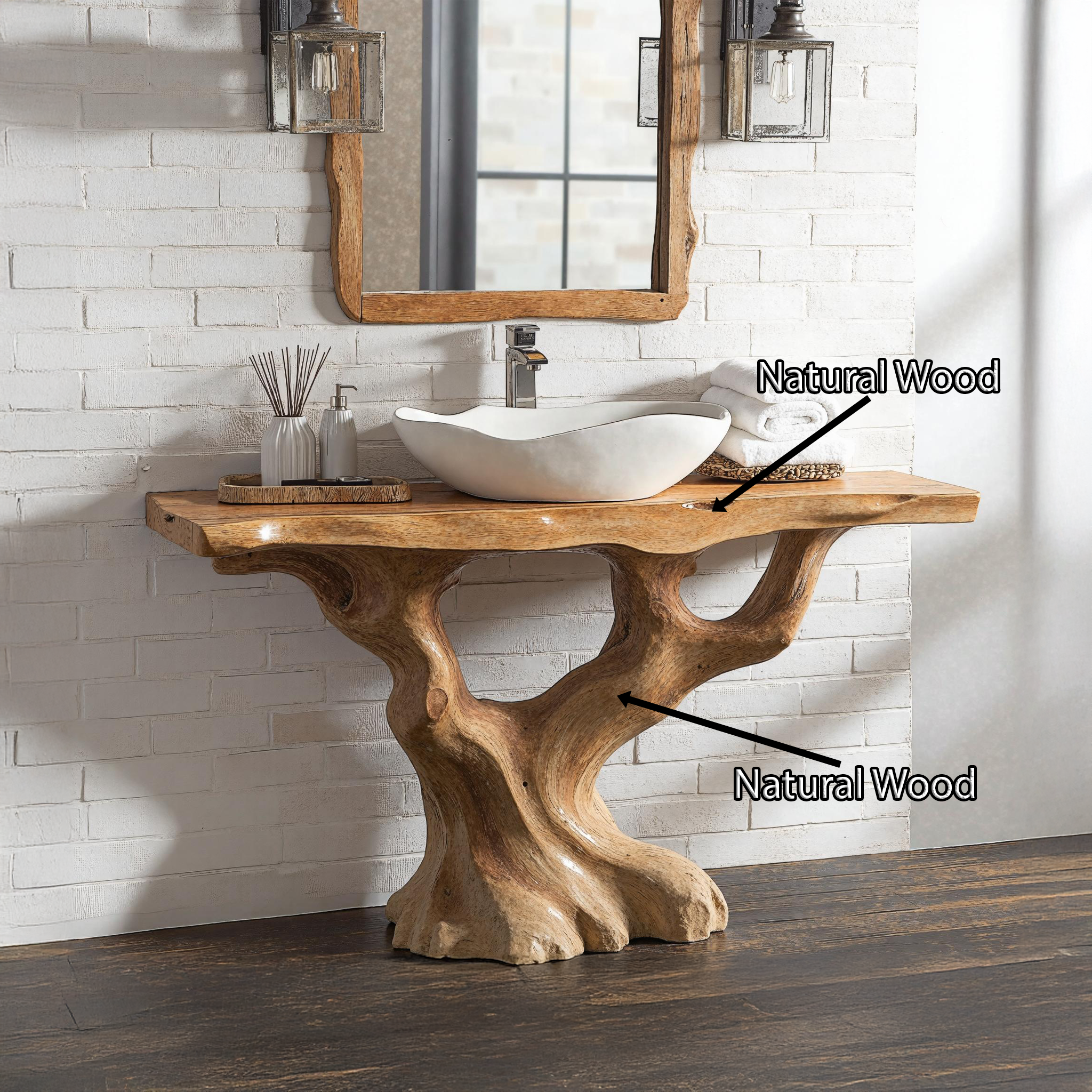 Handcrafted Wood Bathroom Vanity With Tree Trunk Base For Rustic Charm