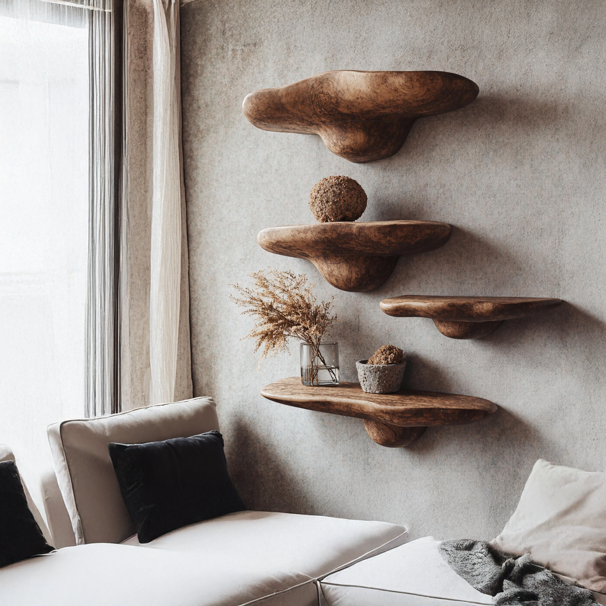 Natural Wood Mushroom Shelf With Floating Design
