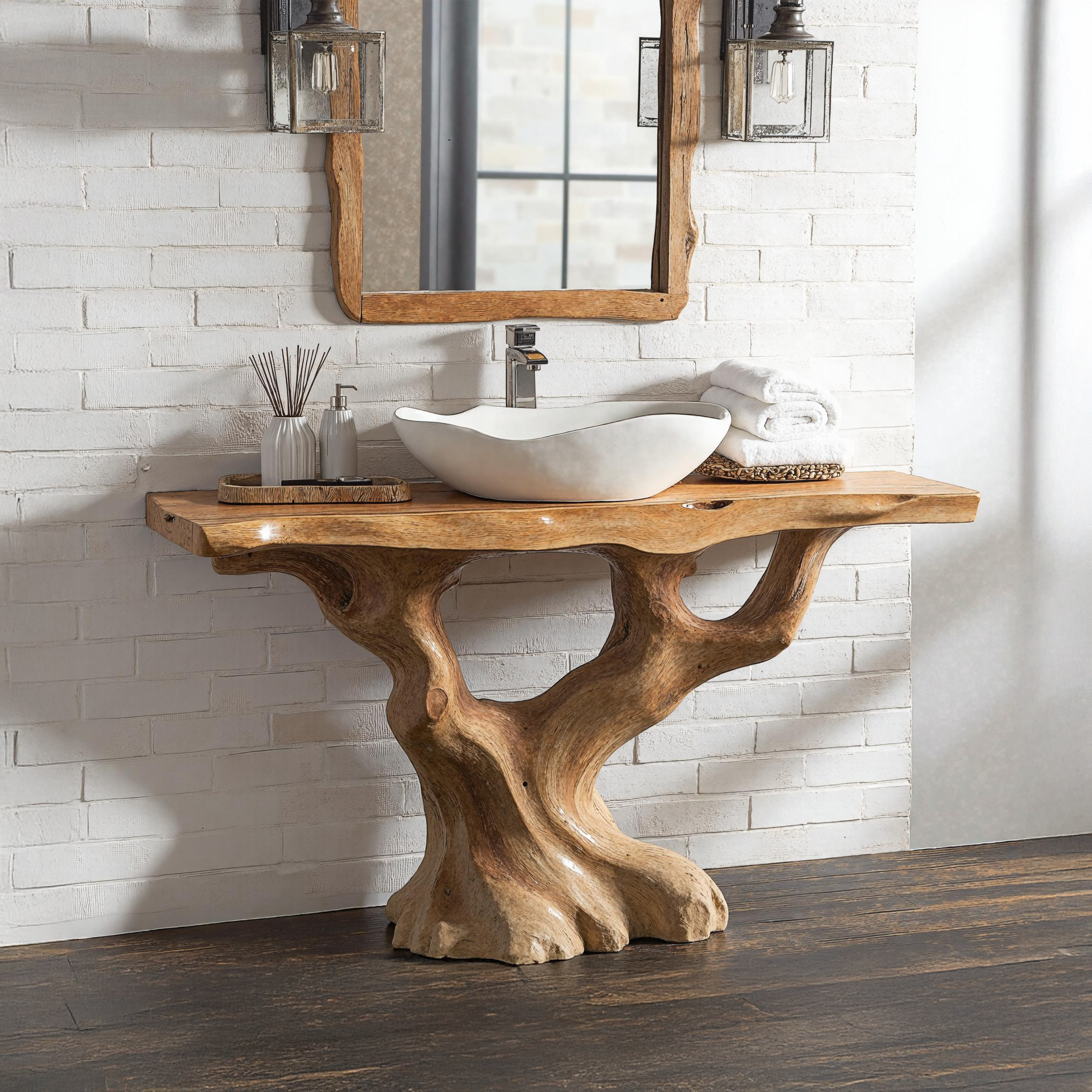Handcrafted Wood Bathroom Vanity With Tree Trunk Base For Rustic Charm