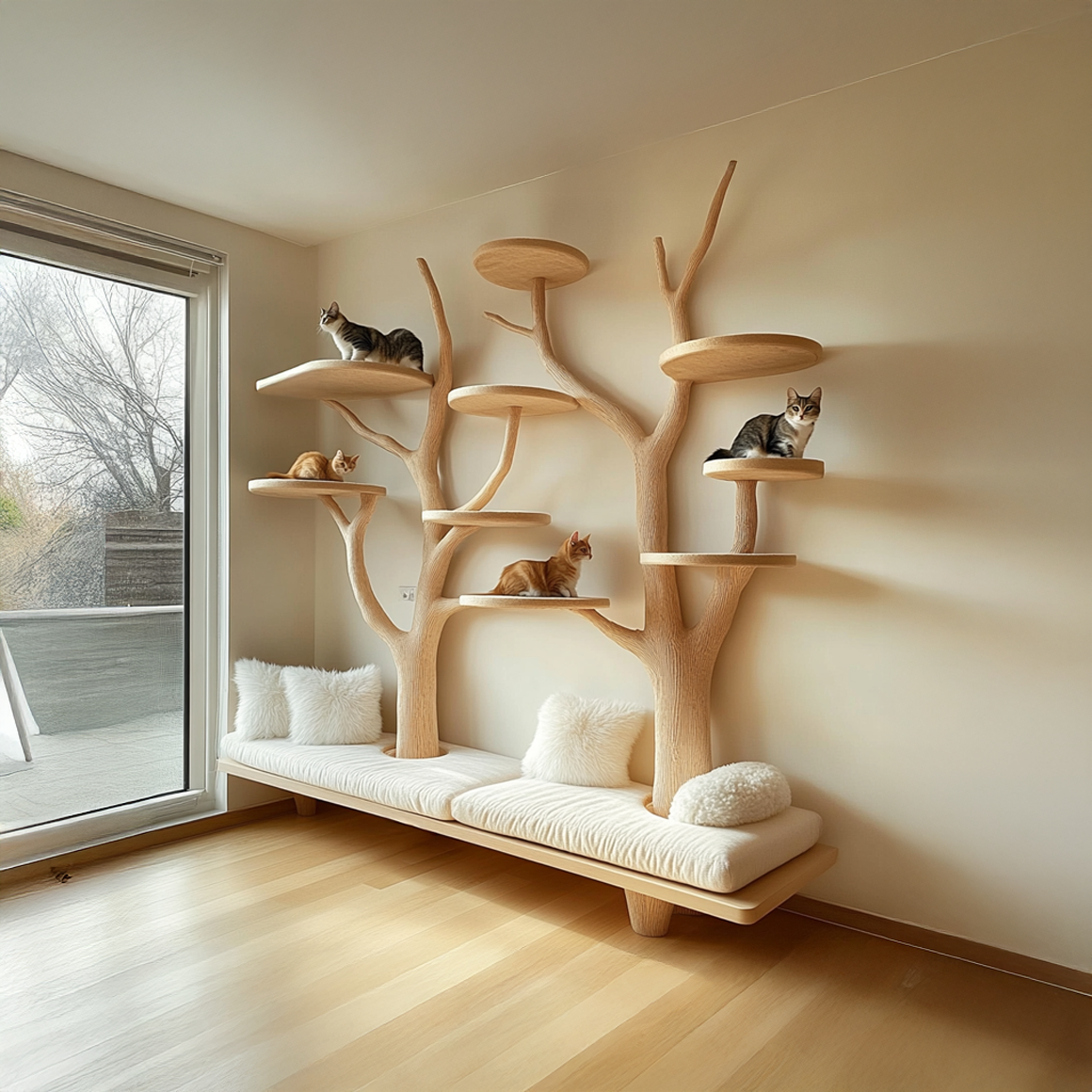 Rustic Cat Tree Organizer Wall Shelf Bedroom Seating Bench