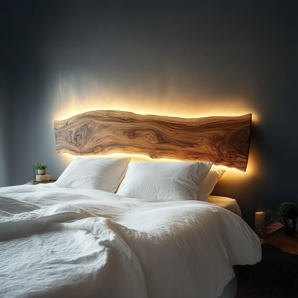 Live Edge Wooden Headboard Solid Wood Bedroom Interior Backlit Design