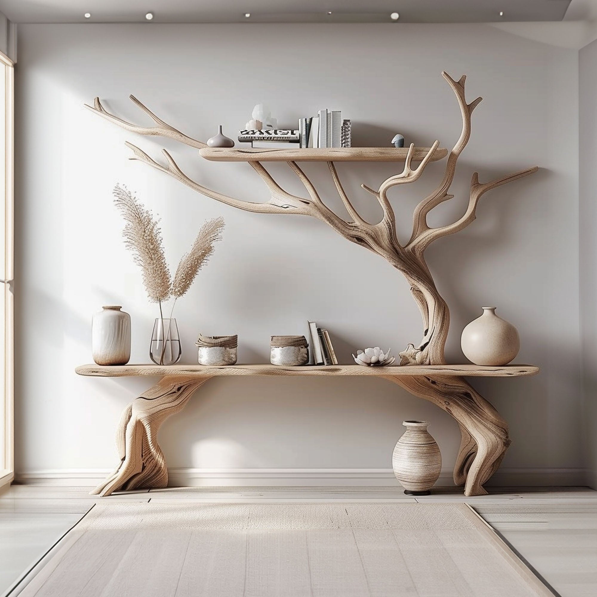 Driftwood Narrow Console Table With Tree Branch