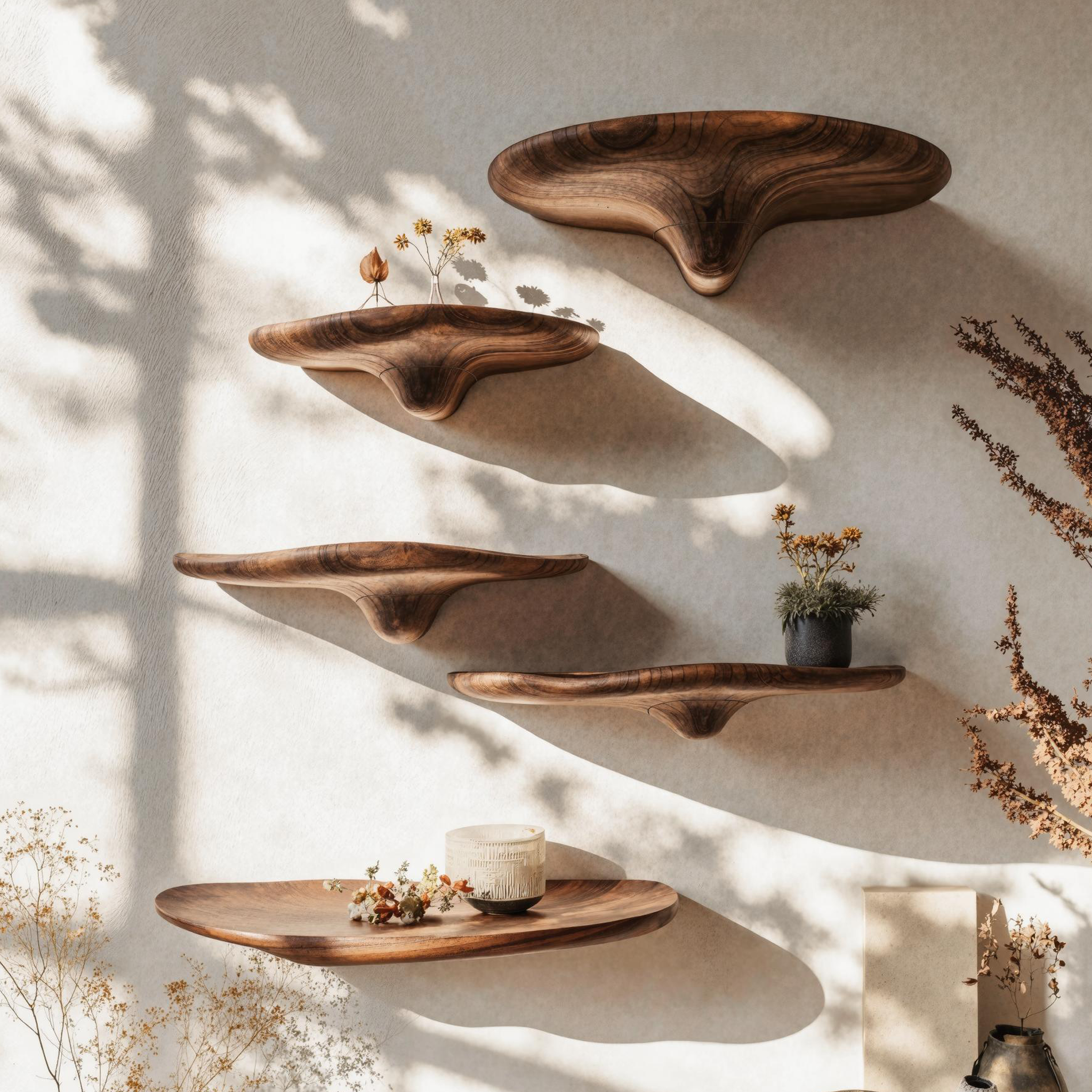 Artistic Mushroom Design Wooden Shelf For Stylish Decor