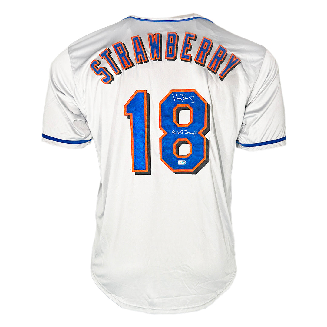 Darryl Strawberry Signed 86 WS Champs Inscription New York #18 Grey Baseball Jersey (MLB)
