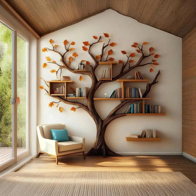 Rustic Tree Bookcase Wall Mouted Floating Shelf Decor Living Room Gift