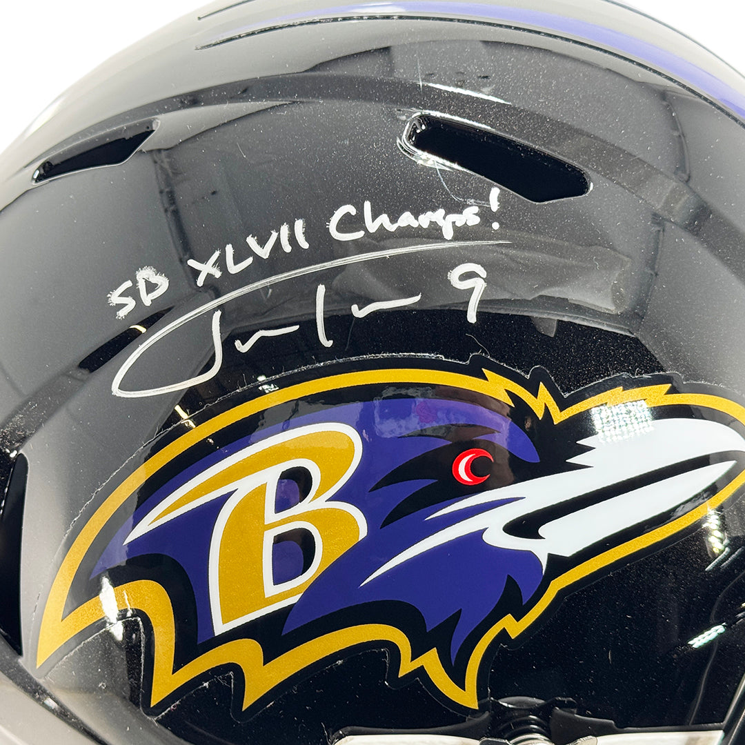 Justin Tucker Signed SB XLVII Champs! Inscription Baltimore Ravens Speed Full-Size Replica Football Helmet (Beckett)