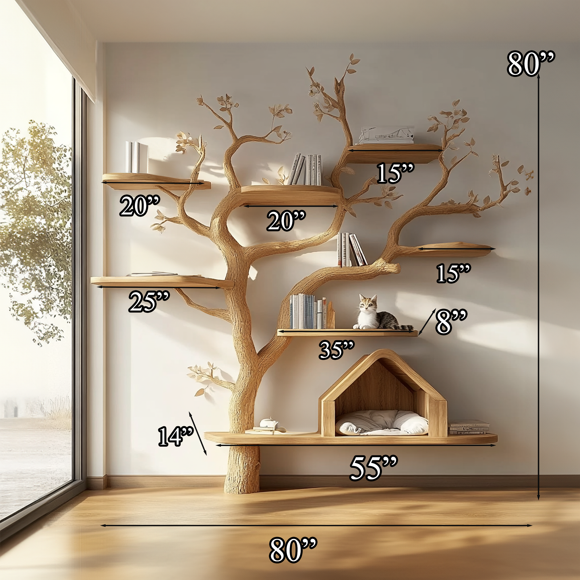 Pet House Cat Tree Natural Wood Cat Furniture Gift Cat Love