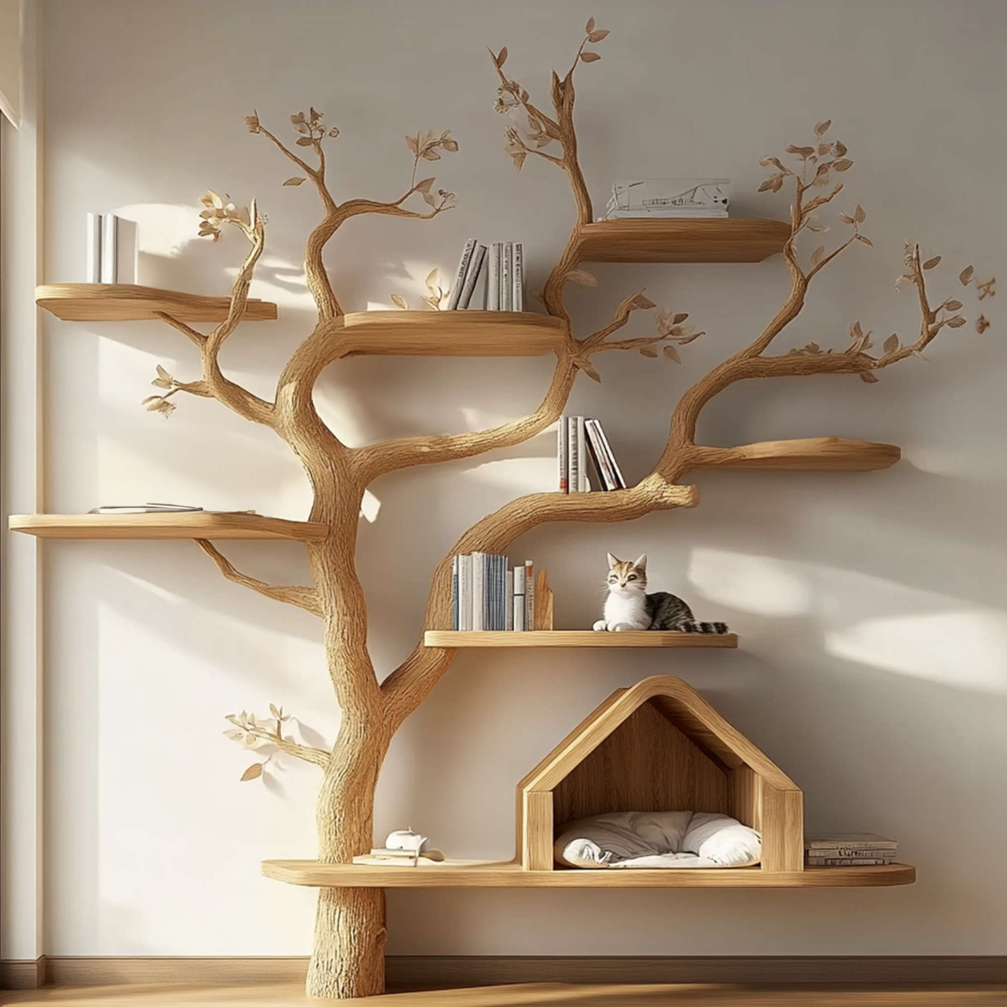 Pet House Cat Tree Natural Wood Cat Furniture Gift Cat Love