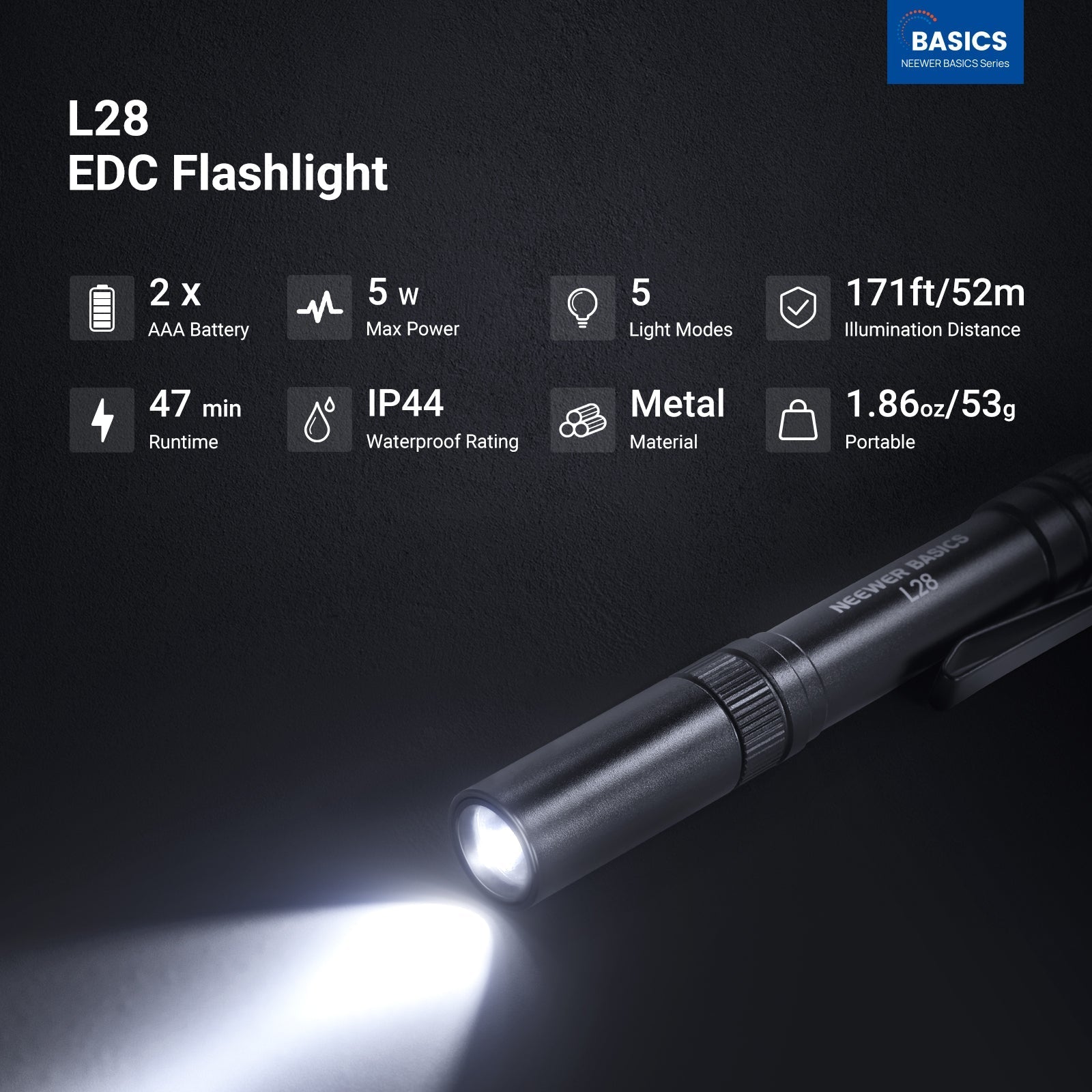 NEEWER BASICS L28 5W Portable EDC Flashlight